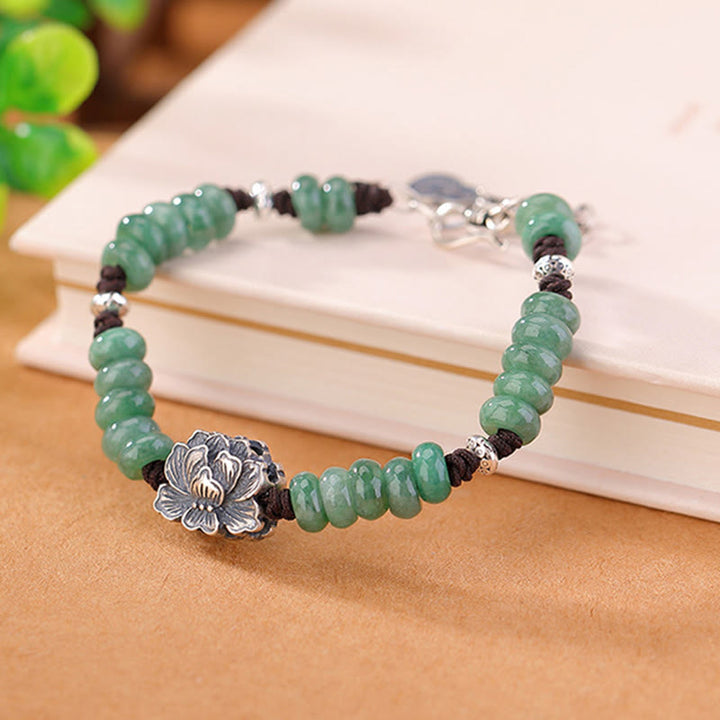 Buddha Stones 925 Sterling Silver Natural Jade Lotus Luck Peace And Joy Bracelet - image 2