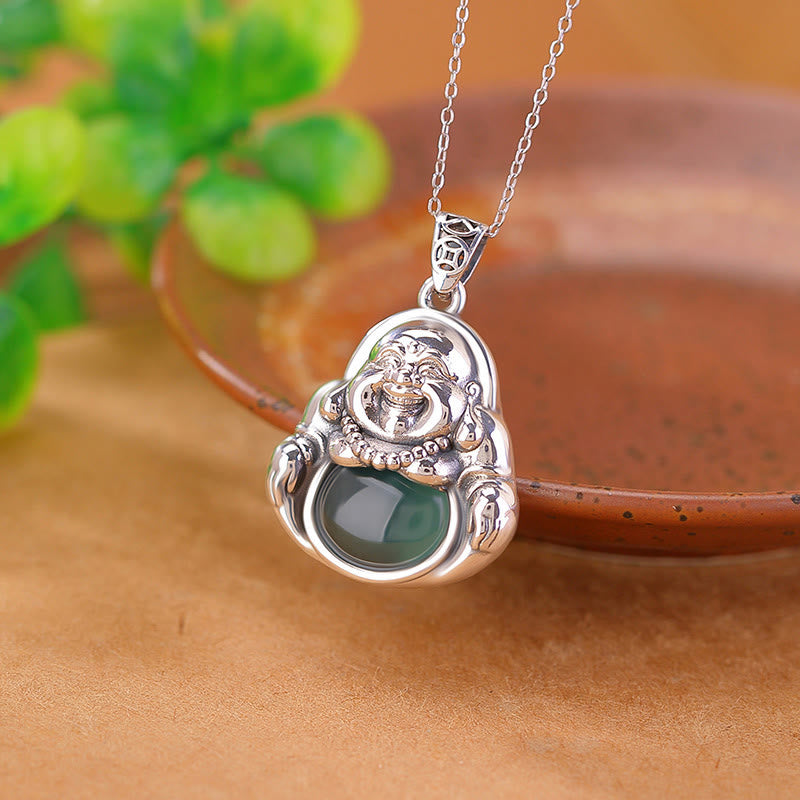 Buddha Stones 999 Sterling Silver Laughing Buddha Cyan Jade Lotus Success Necklace Chain Pendant - Cyan Jade(Success♥Healing) - image 0