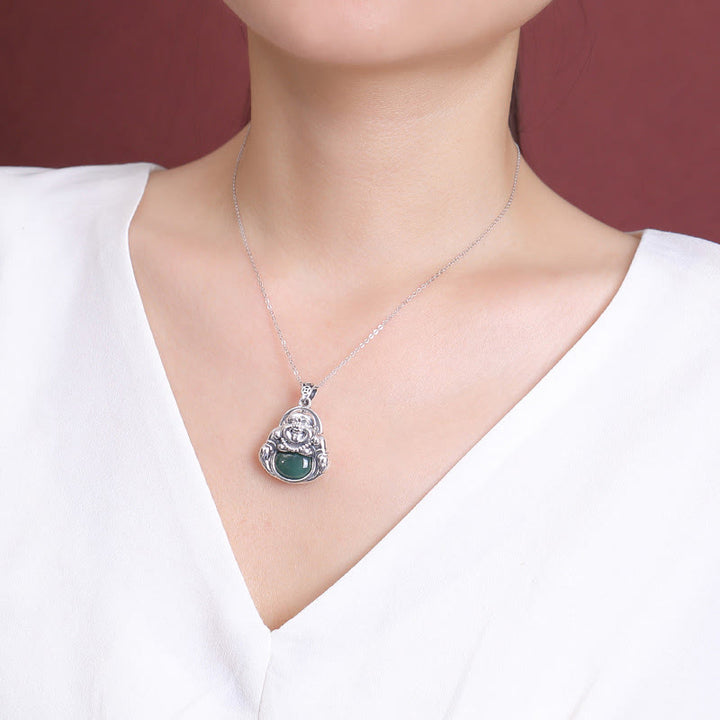 Buddha Stones 999 Sterling Silver Laughing Buddha Cyan Jade Lotus Success Necklace Chain Pendant - image 4