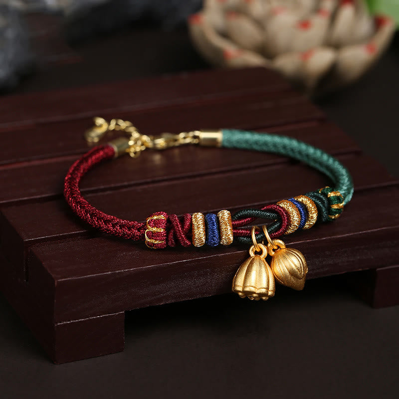 Buddha Stones 999 Sterling Silver Lotus Pod Design Luck Red Green String Bracelet - Lotus(Wrist Circumference 14-18cm) - image 0