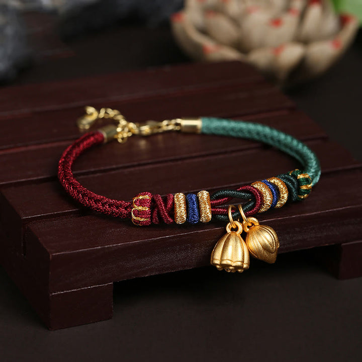 Buddha Stones 999 Sterling Silver Lotus Pod Design Luck Red Green String Bracelet - Lotus(Wrist Circumference 14-18cm) - image 0