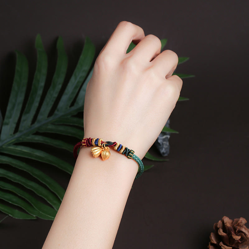 Buddha Stones 999 Sterling Silver Lotus Pod Design Luck Red Green String Bracelet - image 3