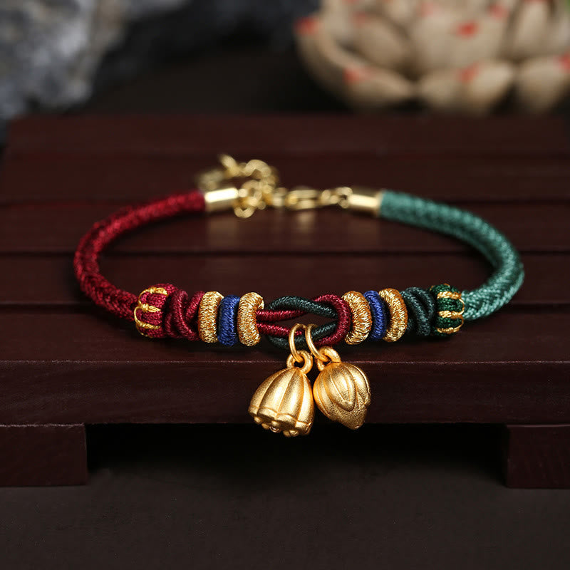 Buddha Stones 999 Sterling Silver Lotus Pod Design Luck Red Green String Bracelet - image 1