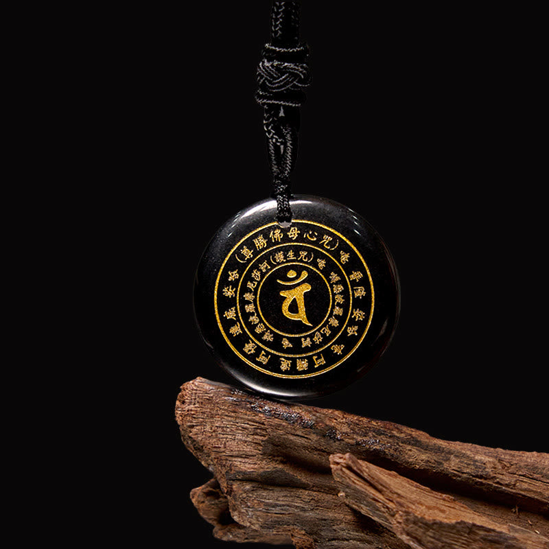 Buddha Stones Vairocana Tathagata Sanskrit Mantra Various Crystal Black Obsidian Green Aventurine Strength Necklace Pendant - Black Obsidian - image 0