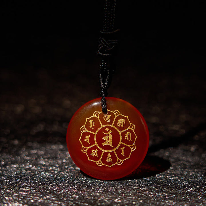 Buddha Stones Om Mani Padme Hum Natural Various Crystal Black Obsidian Strength Necklace Pendant - Red Agate - image 23