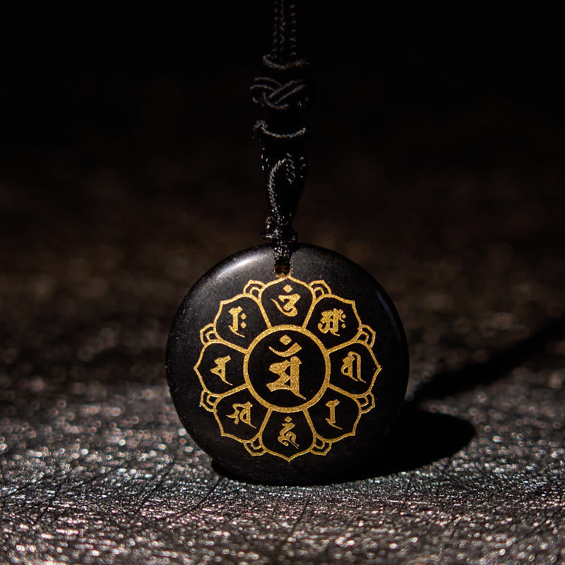 Buddha Stones Om Mani Padme Hum Natural Various Crystal Black Obsidian Strength Necklace Pendant - Black Obsidian - image 0