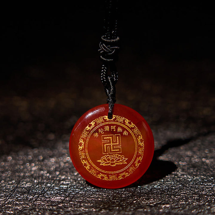 Buddha Stones Swastika Lotus Pattern Natural Various Crystal Black Obsidian Purification Necklace Pendant - Red Agate - image 25