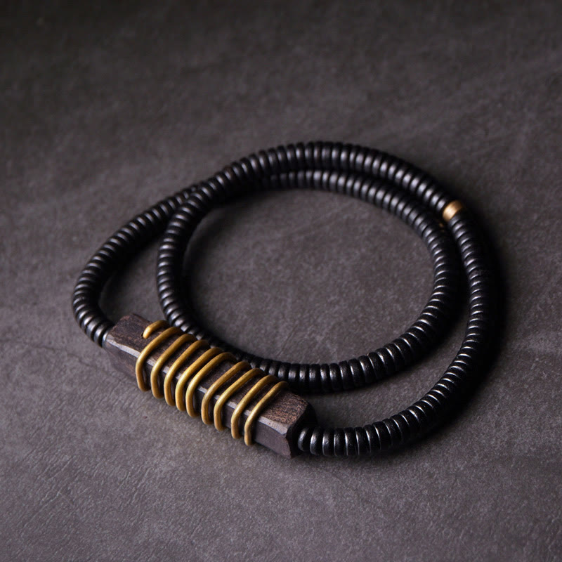 Buddha Stones Ebony Wood Copper Brass Balance Ball Cuboid Double Wrap Bracelet Necklace - Ebony Wood Brass Cuboid - 17-17.5cm - image 13