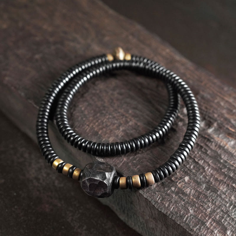 Buddha Stones Ebony Wood Copper Brass Peace Double Wrap Bracelet - Ebony Wood Brass(Wrist Circumference: 17-17.5cm) - image 0