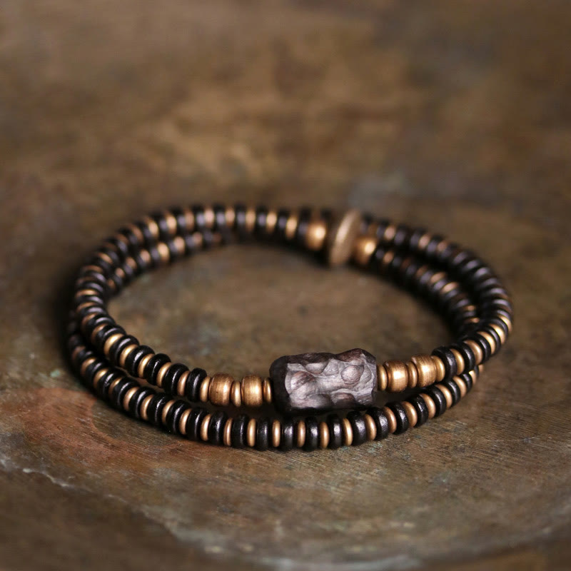 Buddha Stones Ebony Wood Green Sandalwood Copper Brass Calm Double Wrap Bracelet - Ebony Wood Brass - 17-17.5cm - image 0