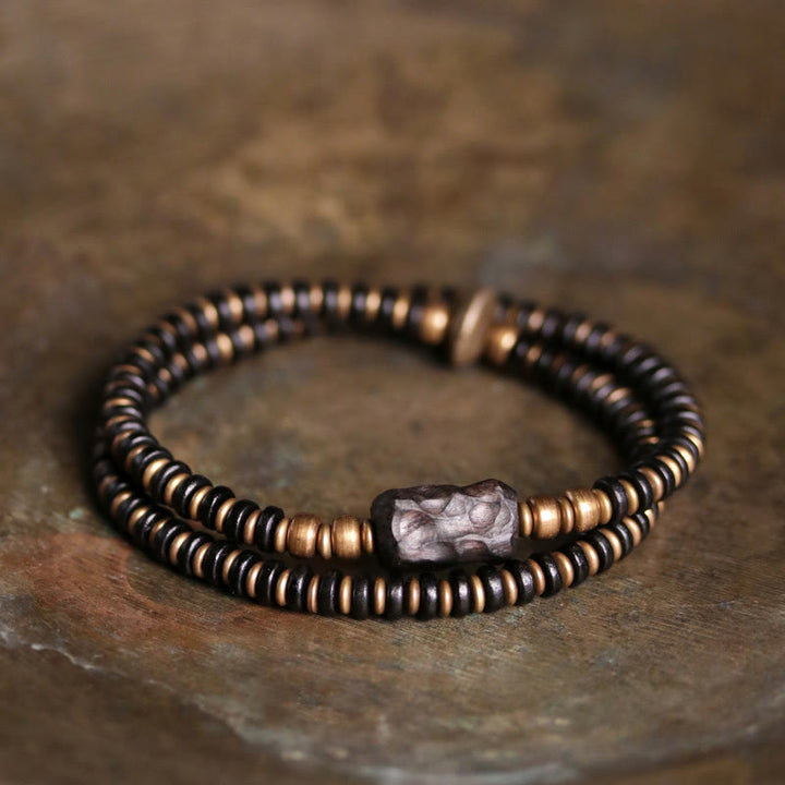 Buddha Stones Ebony Wood Green Sandalwood Copper Brass Calm Double Wrap Bracelet - Ebony Wood Brass - 17-17.5cm - image 0
