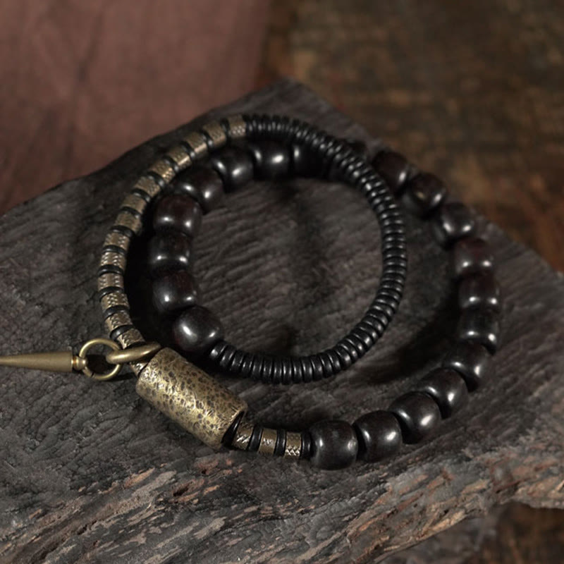 Buddha Stones Ebony Wood Copper Brass Vintage Bead Cone Double Wrap Balance Bracelet - image 1