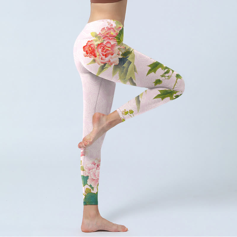 Buddha Stones Hibiscus Flowers And Leaves Print Gym Leggings Women's Yoga Pants - image 3