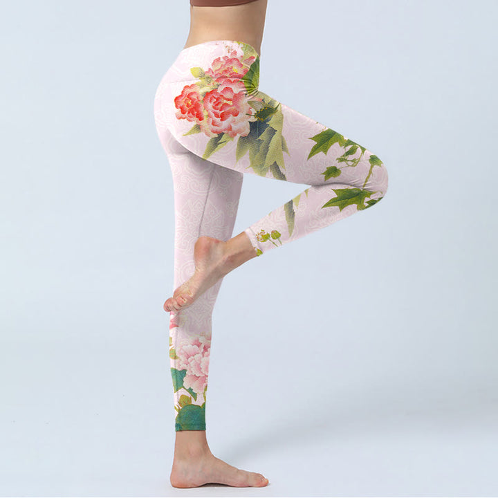 Buddha Stones Hibiscus Flowers And Leaves Print Gym Leggings Women's Yoga Pants - image 3