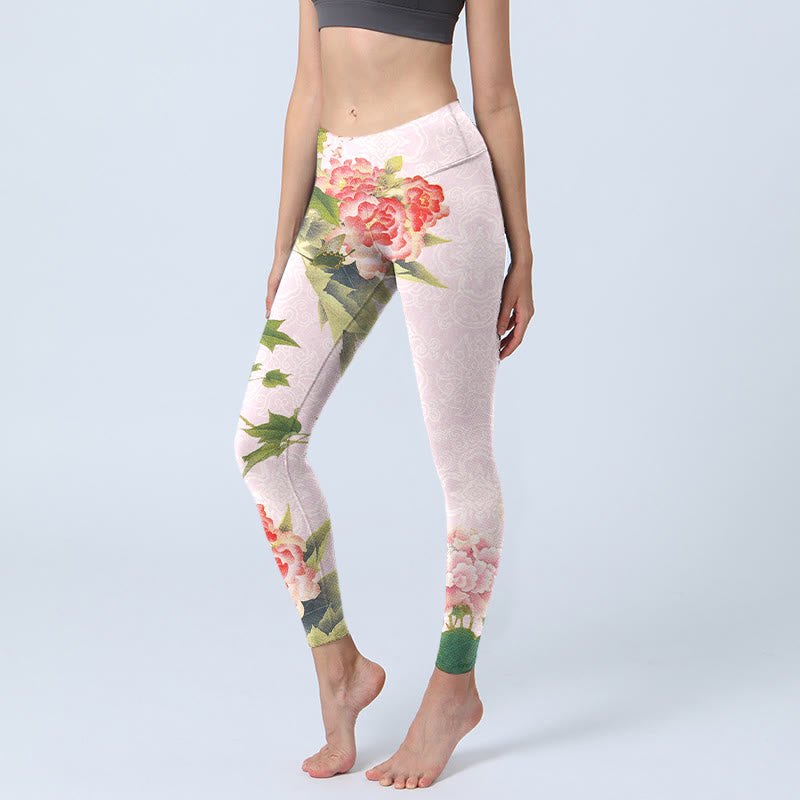Buddha Stones Hibiscus Flowers And Leaves Print Gym Leggings Women's Yoga Pants - Pink - US18，UK/AU22，EU50 (4XL) - image 0