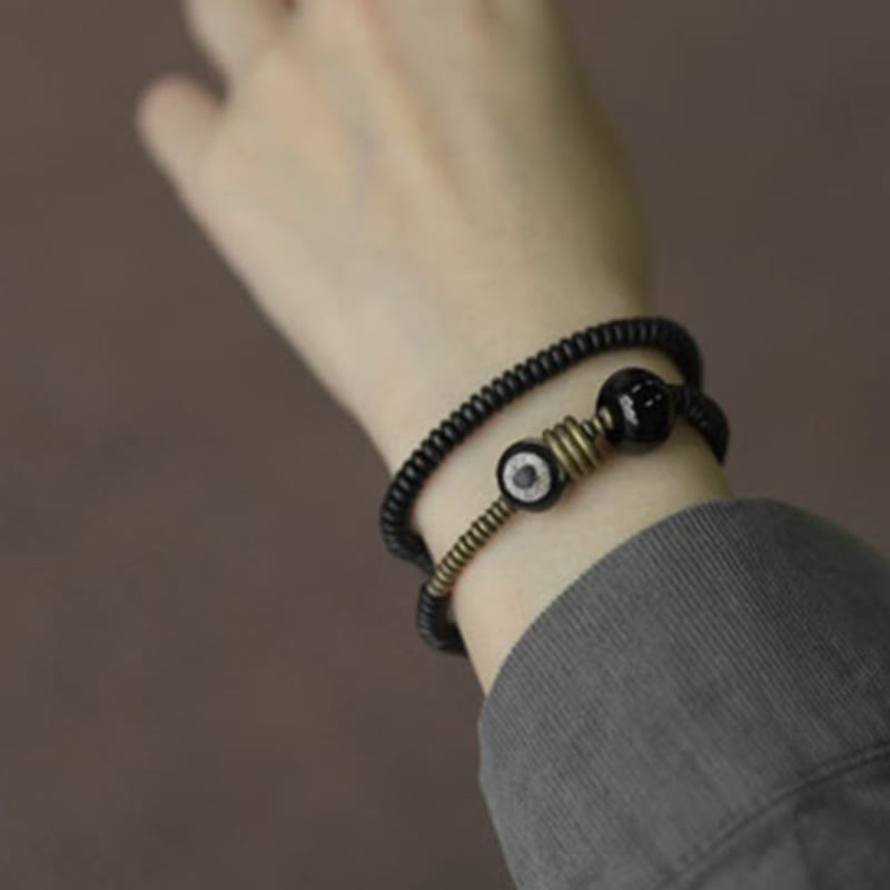 Buddha Stones Ebony Wood Green Sandalwood Copper Brass Dzi Bead Black Onyx Calm Double Wrap Bracelet - image 3