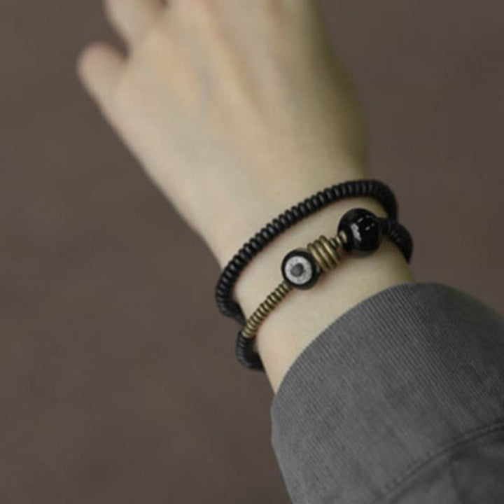 Buddha Stones Ebony Wood Green Sandalwood Copper Brass Dzi Bead Black Onyx Calm Double Wrap Bracelet - image 3