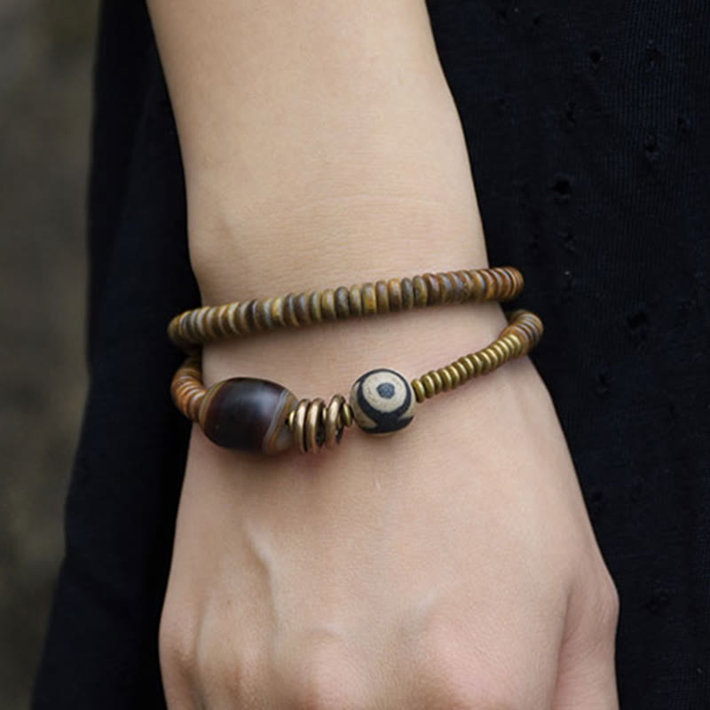 Buddha Stones Ebony Wood Green Sandalwood Copper Brass Dzi Bead Black Onyx Calm Double Wrap Bracelet - image 23