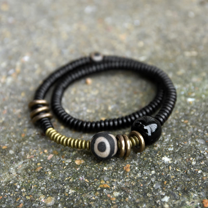 Buddha Stones Ebony Wood Green Sandalwood Copper Brass Dzi Bead Black Onyx Calm Double Wrap Bracelet - Ebony Wood Brass Dzi Bead Black Onyx - 17-17.5cm - image 0
