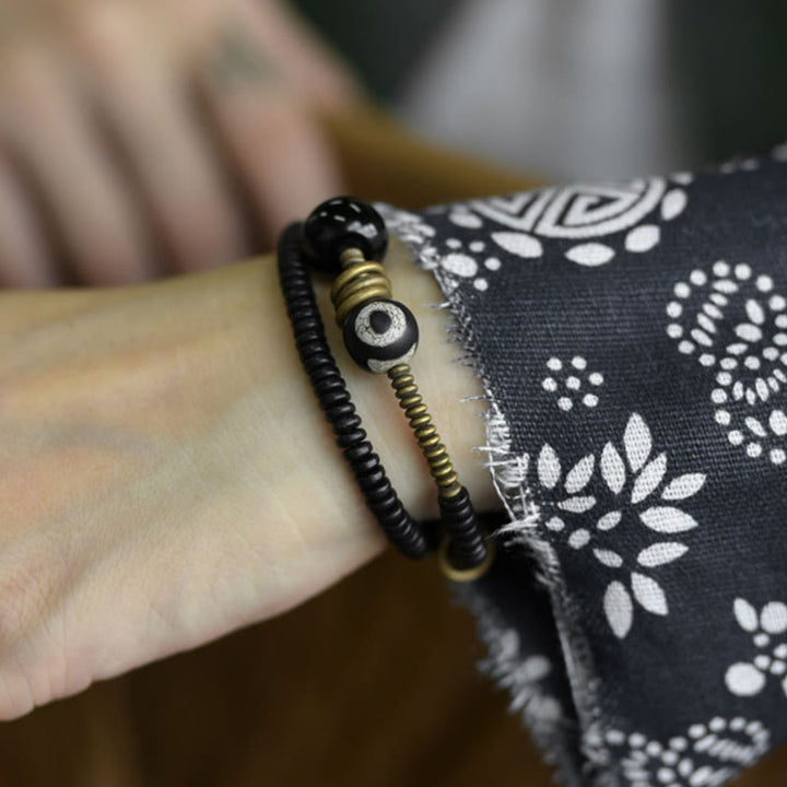 Buddha Stones Ebony Wood Green Sandalwood Copper Brass Dzi Bead Black Onyx Calm Double Wrap Bracelet - image 12