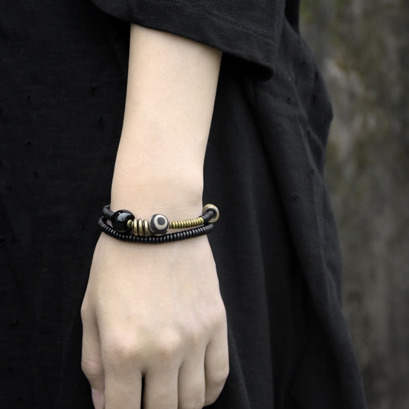 Buddha Stones Ebony Wood Green Sandalwood Copper Brass Dzi Bead Black Onyx Calm Double Wrap Bracelet - image 4