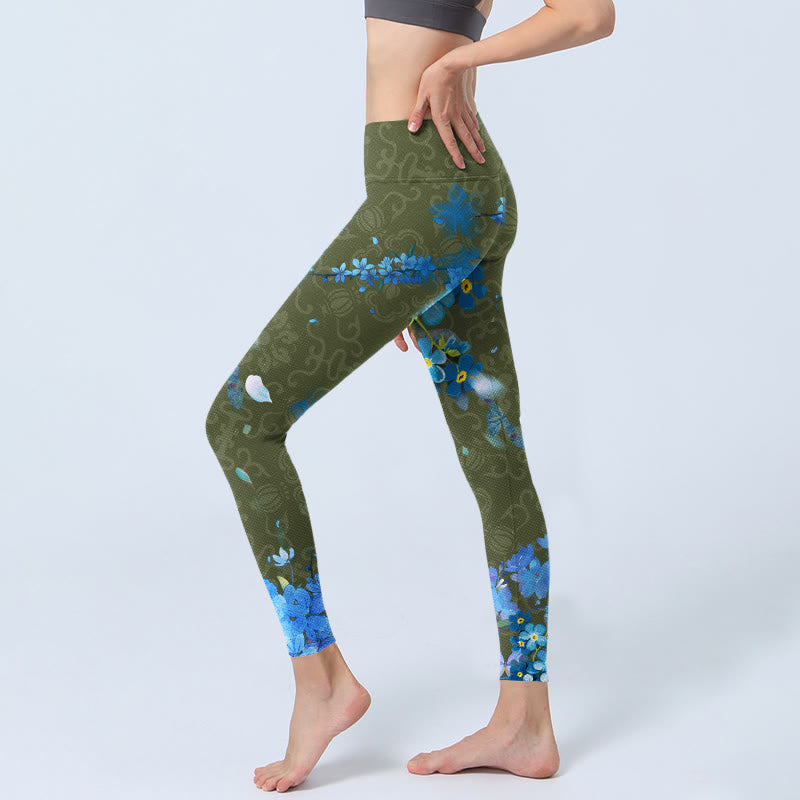 Buddha Stones Blue Flowers Butterflies Print Gym Leggings Women's Yoga Pants - image 2