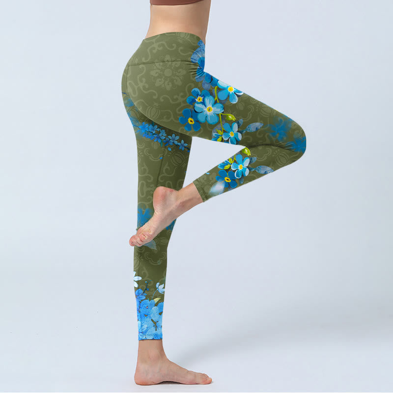 Buddha Stones Blue Flowers Butterflies Print Gym Leggings Women's Yoga Pants - image 3