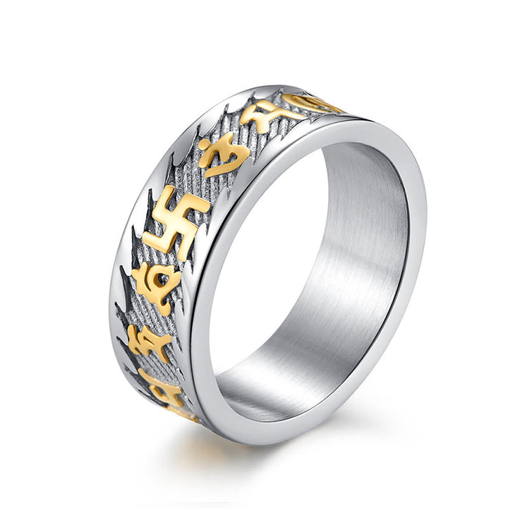 Buddha Stones Six True Words Om Mani Padme Hum Swastika Titanium Steel Peace Ring - image 3