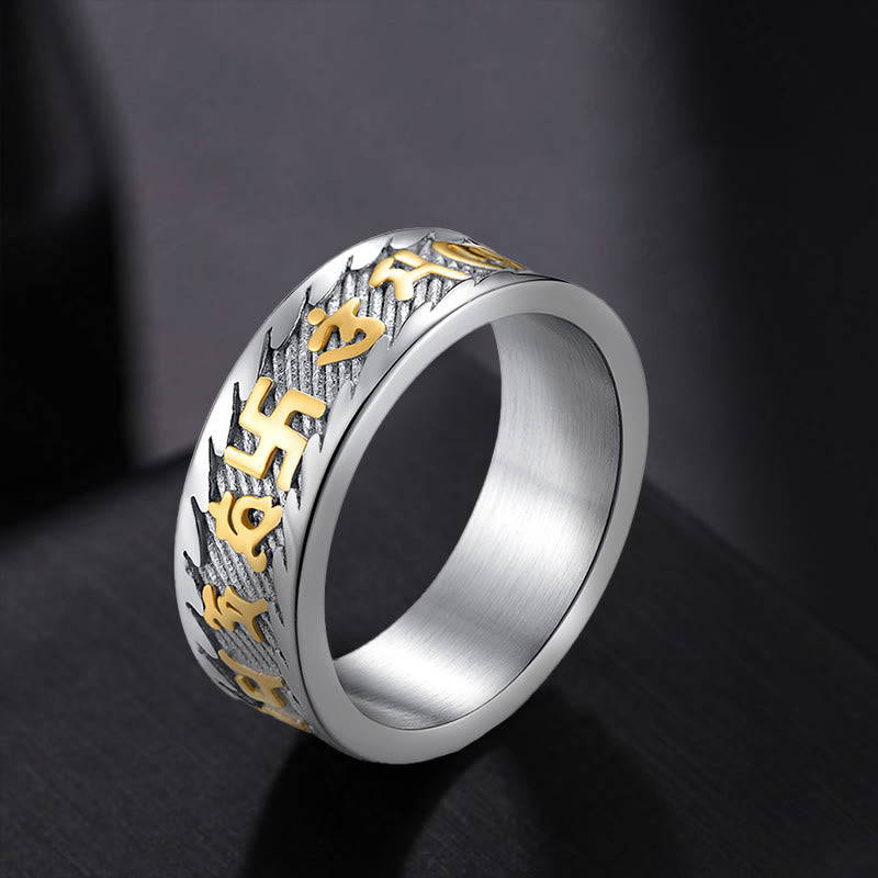 Buddha Stones Six True Words Om Mani Padme Hum Swastika Titanium Steel Peace Ring - Gold Silver - US11 - image 0