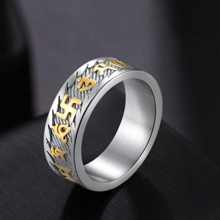 Buddha Stones Six True Words Om Mani Padme Hum Swastika Titanium Steel Peace Ring - Gold Silver - US11 - image 0
