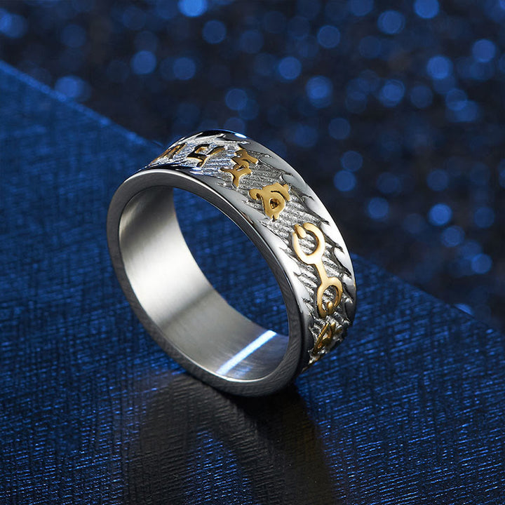 Buddha Stones Six True Words Om Mani Padme Hum Swastika Titanium Steel Peace Ring - image 2