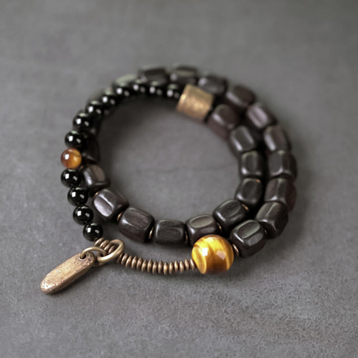 Buddha Stones Ebony Wood Copper Brass Tiger Eye Peace Double Wrap Bracelet - Ebony Wood Brass Tiger Eye(Wrist Circumference: 17-17.5cm) - image 0