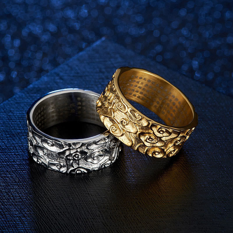 Buddha Stones Auspicious Clouds Engraved Heart Sutra Pattern Titanium Steel Calm Ring - image 1