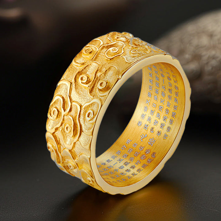 Buddha Stones Auspicious Clouds Engraved Heart Sutra Pattern Titanium Steel Calm Ring - Gold - US11 - image 0