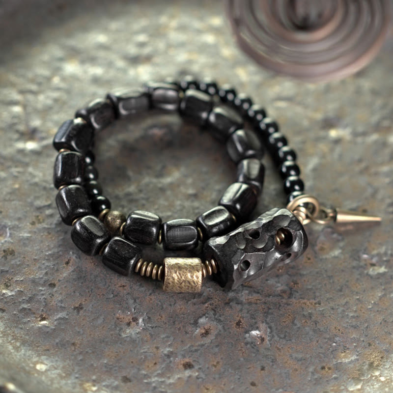 Buddha Stones Ebony Wood Black Obsidian Copper Brass Peace Double Wrap Bracelet - image 8