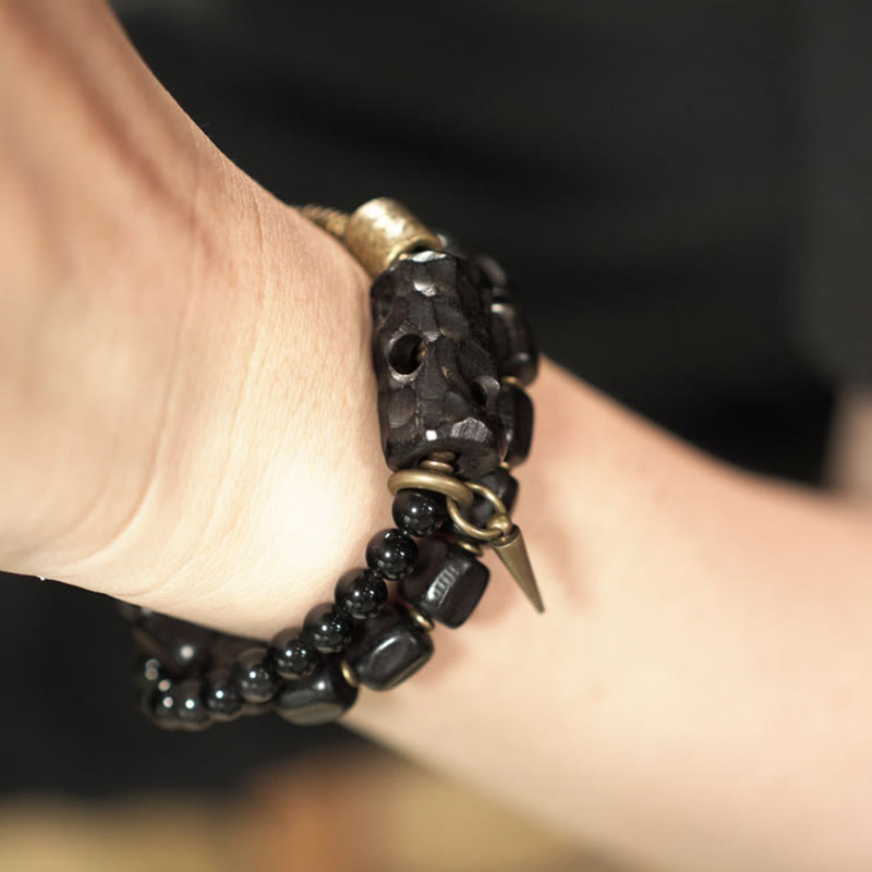 Buddha Stones Ebony Wood Black Obsidian Copper Brass Peace Double Wrap Bracelet - image 16
