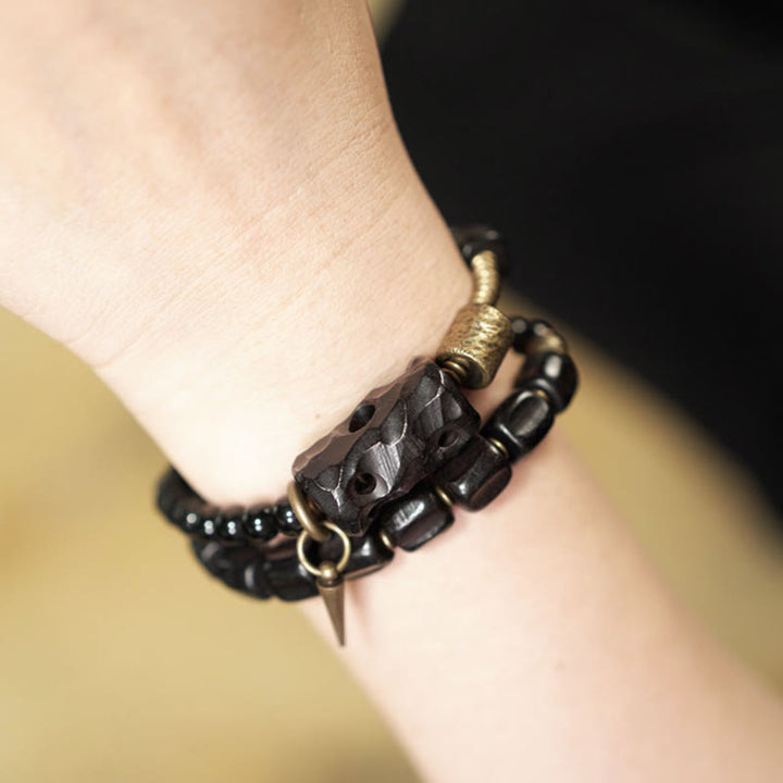 Buddha Stones Ebony Wood Black Obsidian Copper Brass Peace Double Wrap Bracelet - image 18