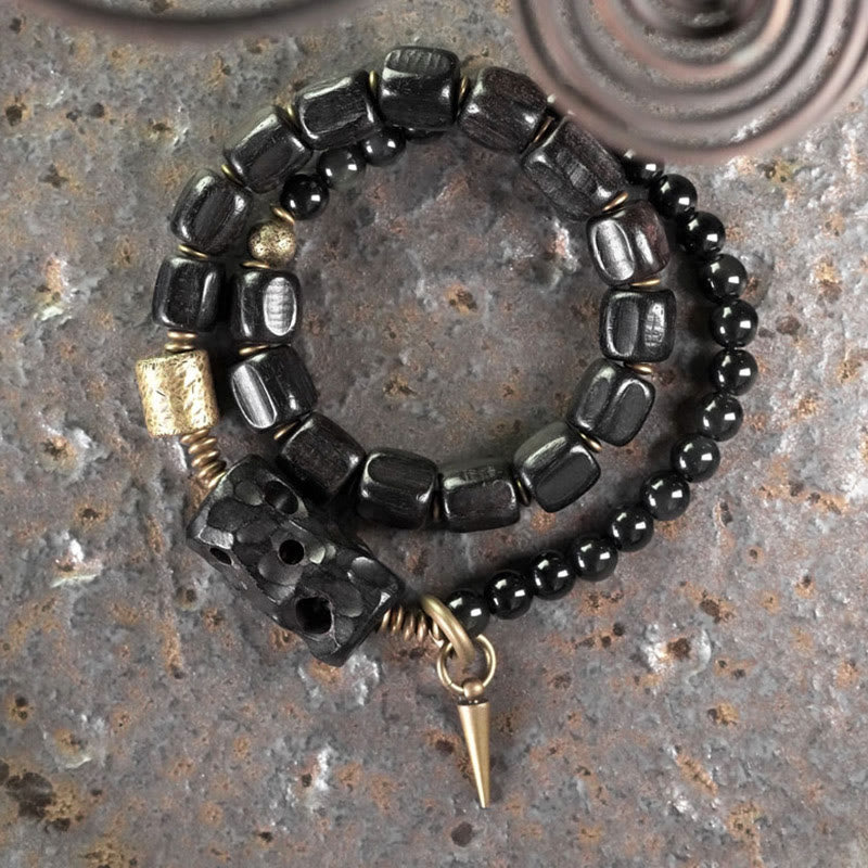 Buddha Stones Ebony Wood Black Obsidian Copper Brass Peace Double Wrap Bracelet - image 1