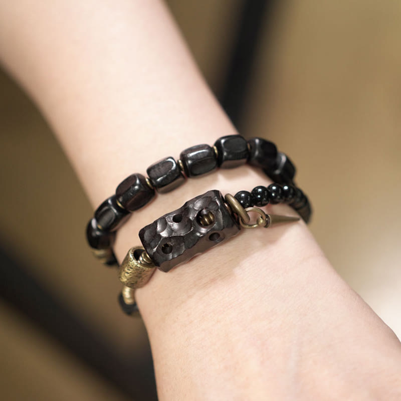 Buddha Stones Ebony Wood Black Obsidian Copper Brass Peace Double Wrap Bracelet - image 4