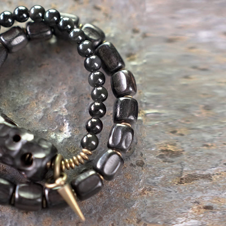 Buddha Stones Ebony Wood Black Obsidian Copper Brass Peace Double Wrap Bracelet - image 9
