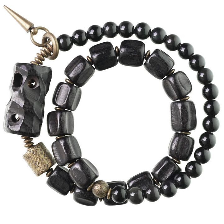 Buddha Stones Ebony Wood Black Obsidian Copper Brass Peace Double Wrap Bracelet - image 12