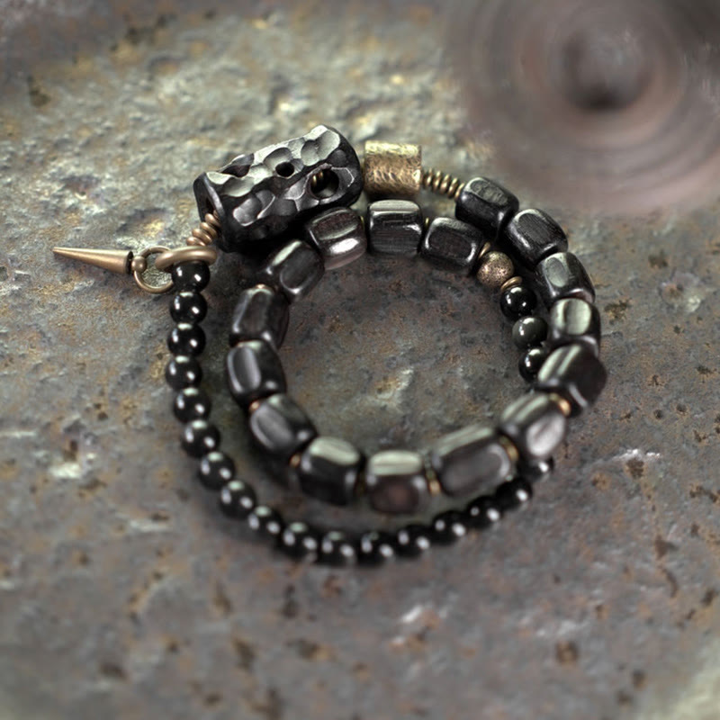 Buddha Stones Ebony Wood Black Obsidian Copper Brass Peace Double Wrap Bracelet - image 2