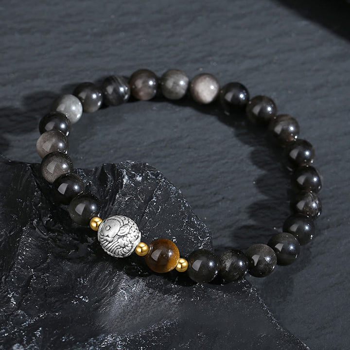 Buddha Stones Black Obsidian 999 Sterling Silver Tiger Eye 925 Sterling Silver Koi Fish Purification Bracelet - image 2