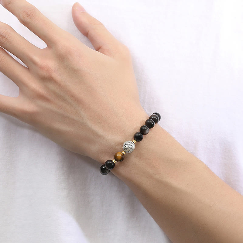 Buddha Stones Black Obsidian 999 Sterling Silver Tiger Eye 925 Sterling Silver Koi Fish Purification Bracelet - image 8