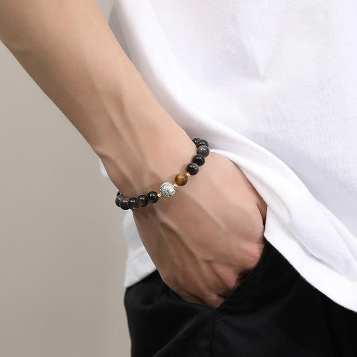 Buddha Stones Black Obsidian 999 Sterling Silver Tiger Eye 925 Sterling Silver Koi Fish Purification Bracelet - image 4