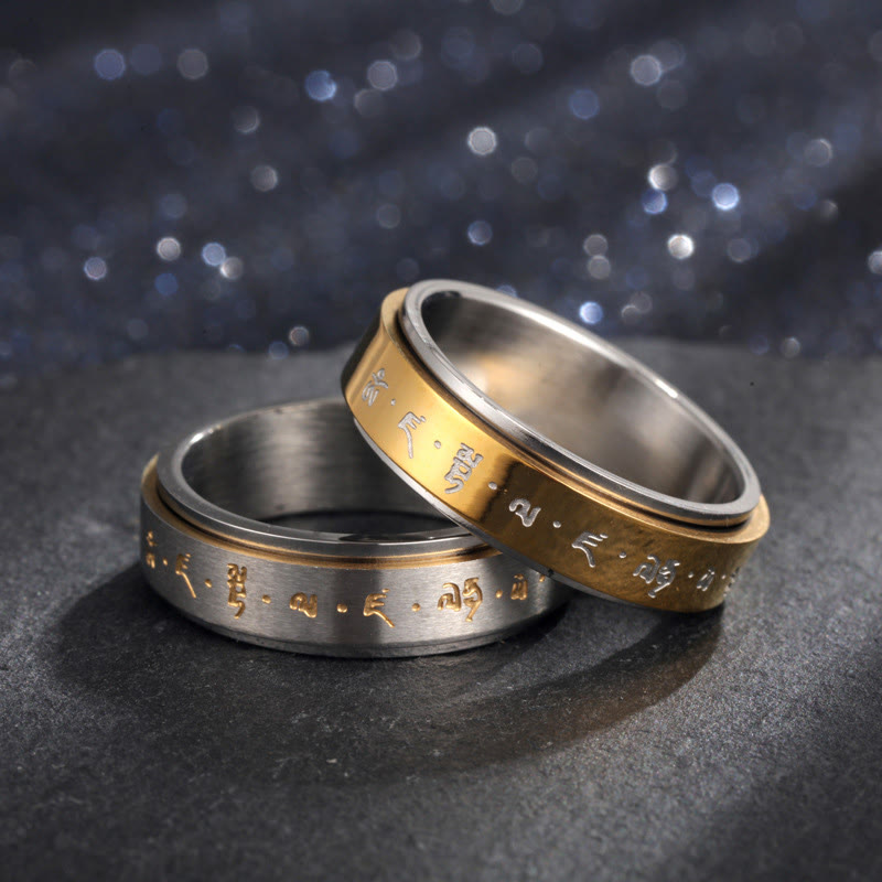 Buddha Stones Tibetan Mantra Titanium Steel Balance Rotatable Ring - image 0