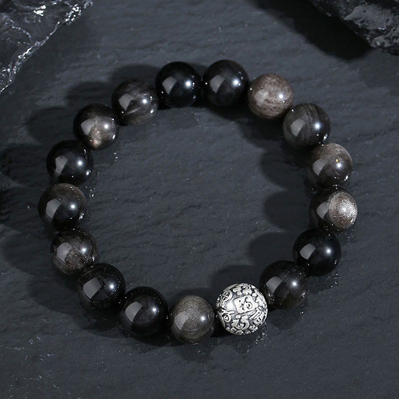 Buddha Stones Black Obsidian 999 Sterling Silver Purification Fu Character Transformation Bracelet - image 2