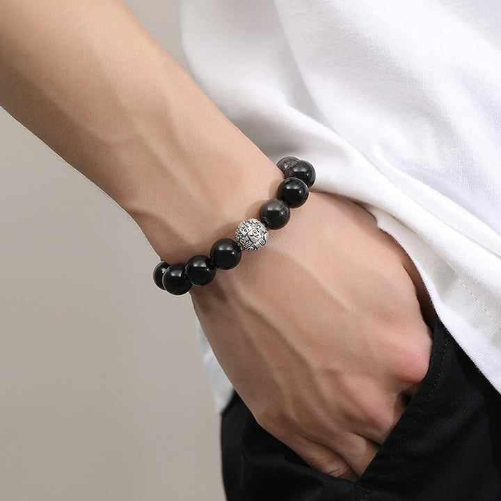 Buddha Stones Black Obsidian 999 Sterling Silver Purification Fu Character Transformation Bracelet - image 4