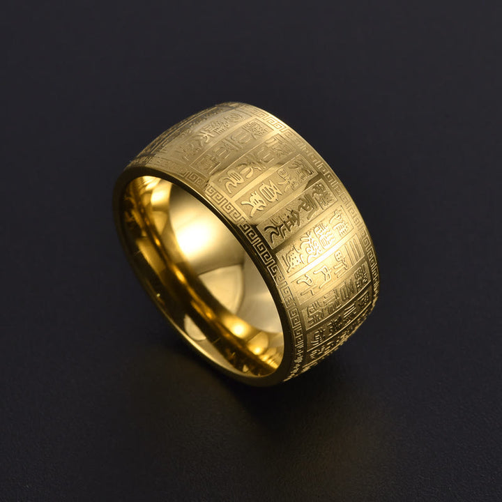 Buddha Stones Chinese Characters Engraved Pattern Titanium Steel Balance Ring - Gold - US12 - image 0