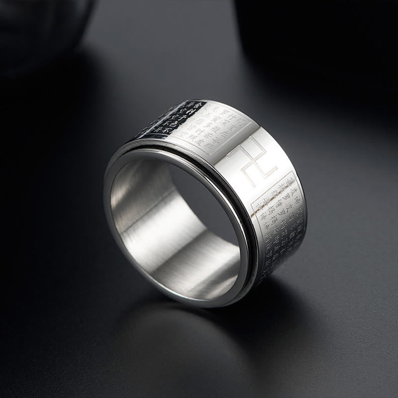 Buddha Stones Heart Sutra Swastika Titanium Steel Luck Rotatable Ring - Silver - US12 - image 8